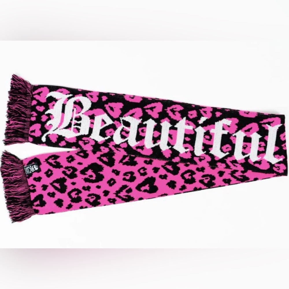 Beautiful Disaster Spell Out Chic Pink & Black Leopard Print Scarf w/Fringes